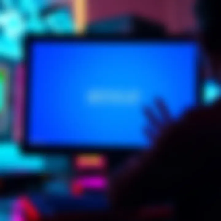 PC with blue screen error A computer monitor displaying a blue screen error message, with a frustrated gamer in the background