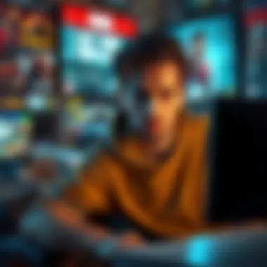 PC gamer avoiding spoilers for GTA VI A PC gamer looking at a computer screen with an anxious expression, surrounded by gaming posters and a console in the background, contemplating whether to buy a console or stay spoiler-free.