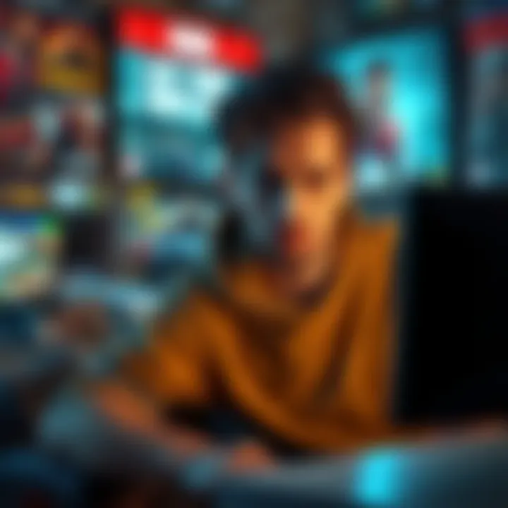 PC gamer avoiding spoilers for GTA VI A PC gamer looking at a computer screen with an anxious expression, surrounded by gaming posters and a console in the background, contemplating whether to buy a console or stay spoiler-free.
