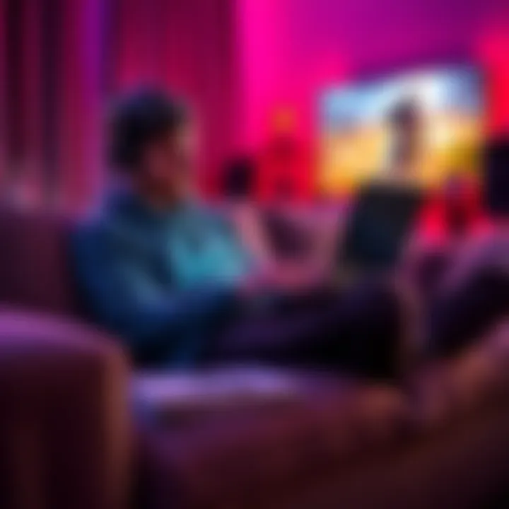 A gamer with a laptop on their lap, comfortably seated on a sofa, considering their gaming options between PC and console, with a TV in the background.