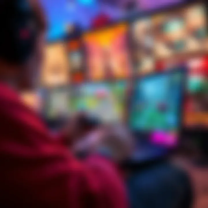 A person gaming on a low-end laptop, enjoying smooth performance and engaging gameplay with colorful graphics on-screen.