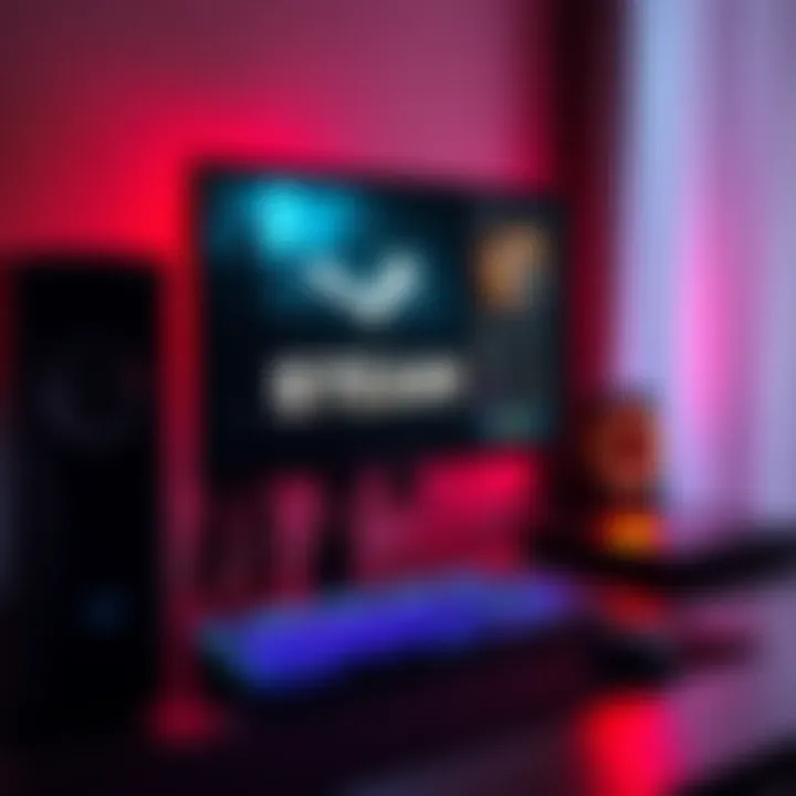 PC gaming setup with Steam games A gaming PC setup featuring a monitor displaying Steam games, with keyboard and mouse on a desk