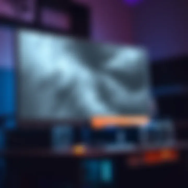 A PC setup showing a gaming monitor displaying grey and dark graphics, next to a Ryzen 7 7800X3D and RTX 4070 Super components.