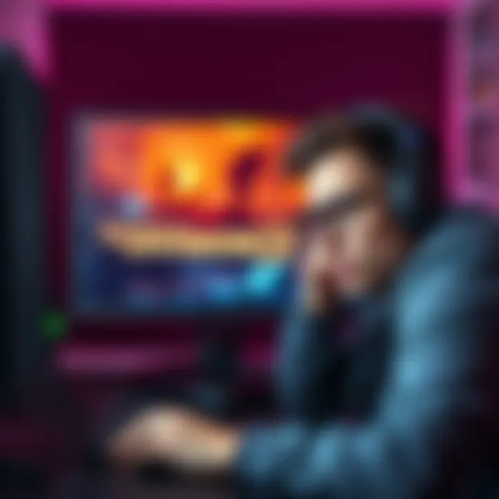 PC Restart During Gaming A gamer frustrated with a computer restart while playing The Division 2, showing a gaming setup with a monitor displaying the game and a worried expression.