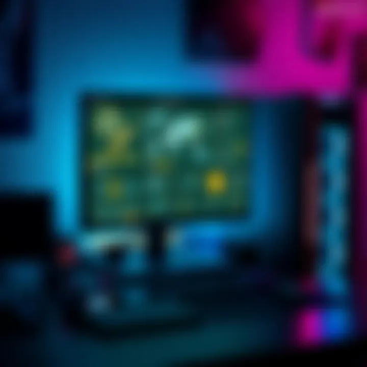 A gaming PC setup with a monitor displaying Halo Infinite forging tools and graphics