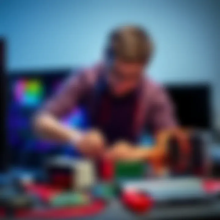 PC builder assembling components A person assembling a computer with various colorful components on a desk.