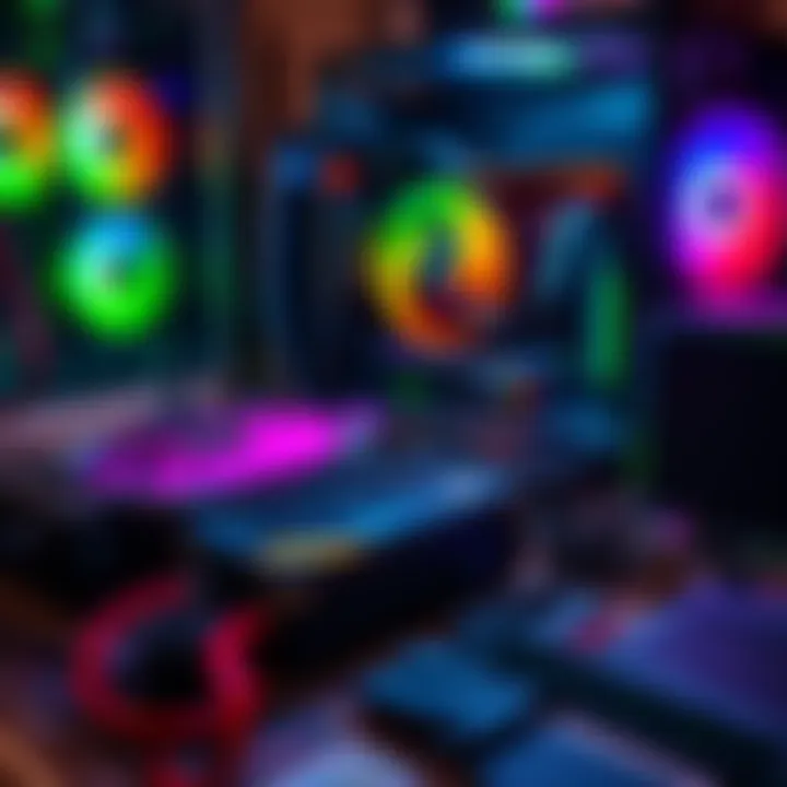 Various computer parts laid out for building a gaming PC, including a graphics card, motherboard, and power supply.