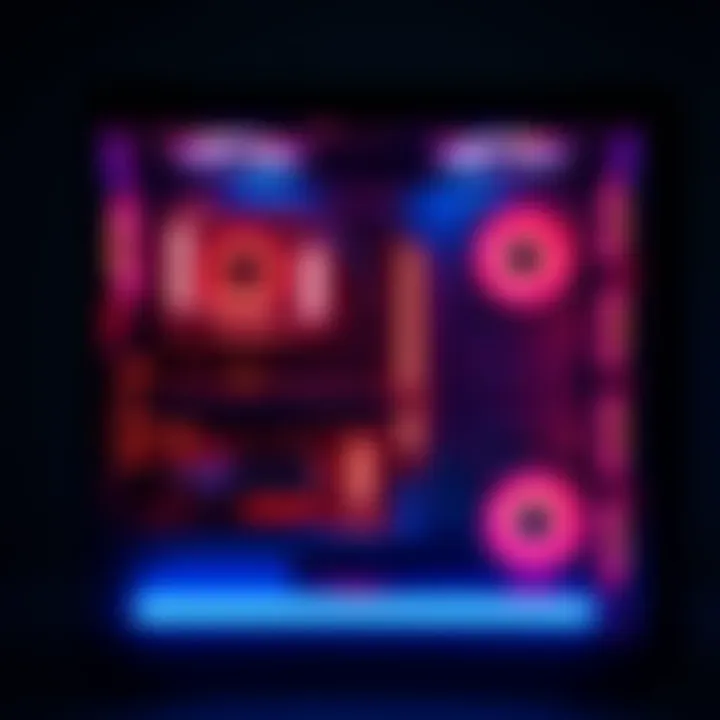A dark glass PC case showing glowing components inside with light strips enhancing visibility