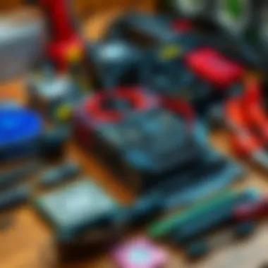 An assortment of PC components including a motherboard, RAM, and a CPU on a workbench with tools nearby, suggesting a PC building environment.