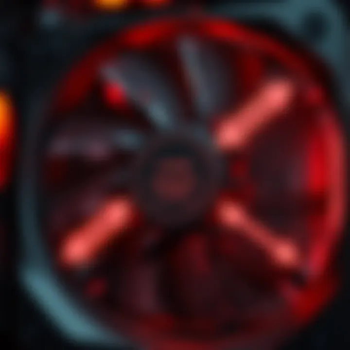 A close-up view of a computer fan with labeled arrows indicating airflow direction for intake and exhaust.