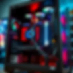 A close-up of a PC tower with various high-quality components on display, highlighting its connectivity issue with a monitor not plugged in.