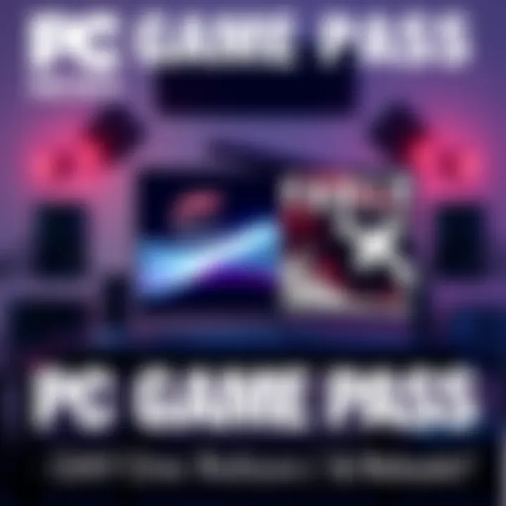 An illustration showing a gaming setup with Forza Horizon 6 and Fable on the screen, highlighting PC Game Pass day one releases.