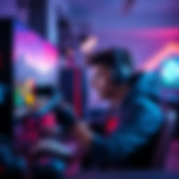 A gamer enjoying a smooth gameplay experience on a powerful PC, focused on the screen with a bright display and gaming accessories around.