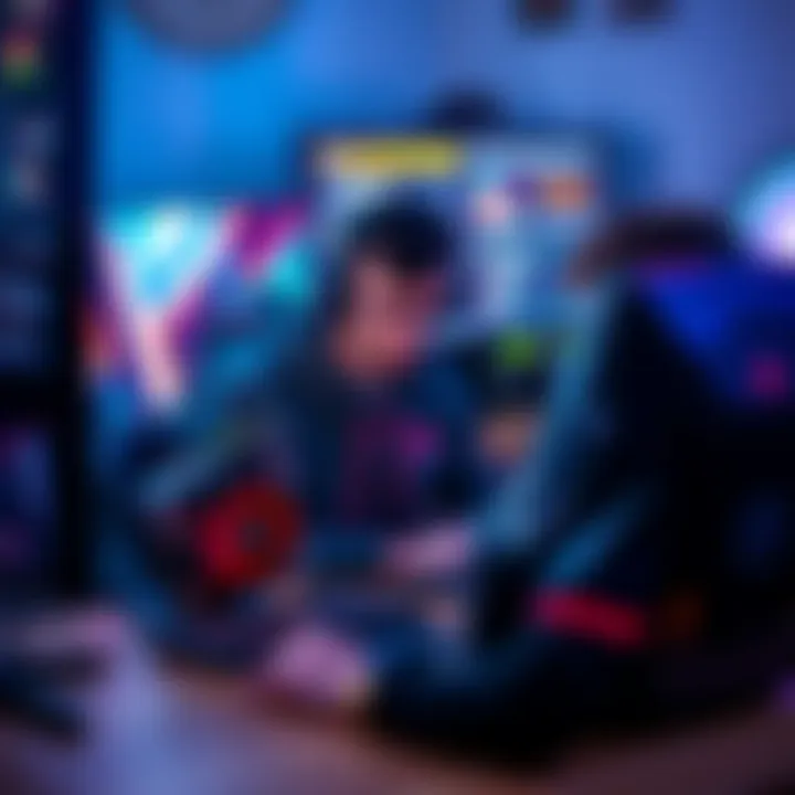 PC gamer comparing GPUs A person sitting at a desk with a computer, looking at two graphics cards, the 9070 XT and 5070 Ti, with specs displayed on the screen.