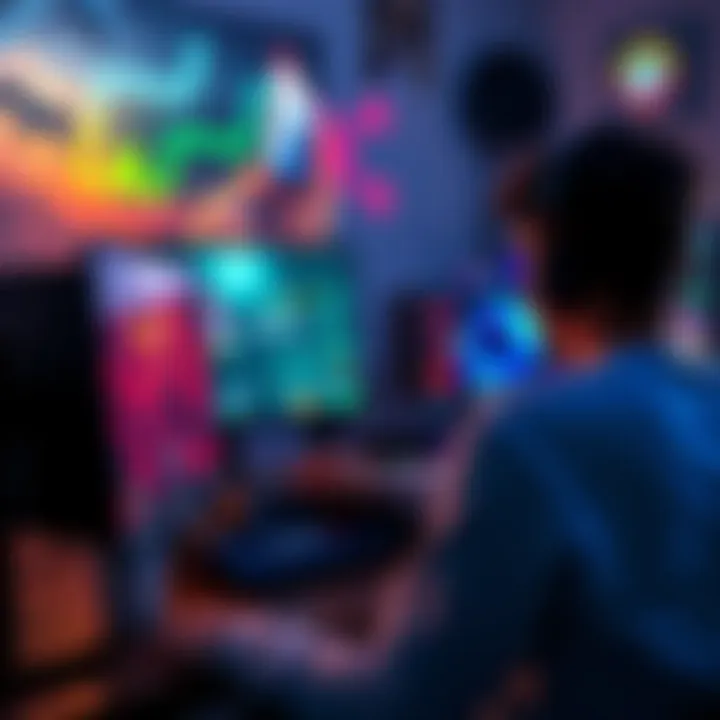 A person playing a PC game, showcasing vibrant graphics on the screen and a colorful gaming setup.