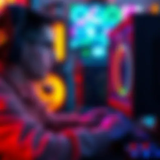 A PC gamer intently playing a video game on a high-end computer setup with colorful lighting and gaming peripherals