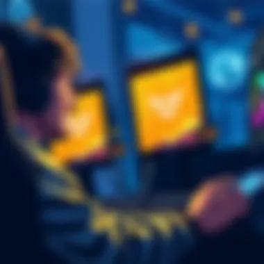A digital illustration showing a PC gamer excitedly viewing supporter packs with flashy gold textures on their screen, symbolizing high spending in gaming.