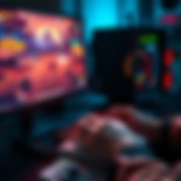 A gamer focused on a computer screen, hands on keyboard using WASD keys, with game graphics displayed