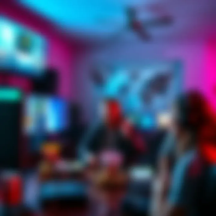 A group of PC gamers humorously reacting to the transition from physical game discs to digital downloads, with screens displaying game libraries, snacks, and laughter in the room.