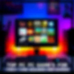A gaming computer setup featuring a monitor displaying various popular PC game logos including Mount and Blade and Terraria, with a keyboard and mouse in the foreground, showcasing a vibrant gaming at...