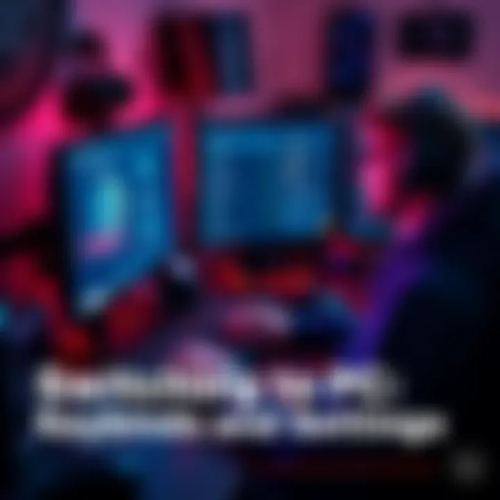 A gamer adjusting keybinds on a computer with a keyboard and mouse, surrounded by gaming gear and a monitor displaying settings