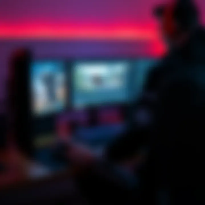 A gamer plays on a computer with multiple screens, showing a game in action and performance monitoring software open.