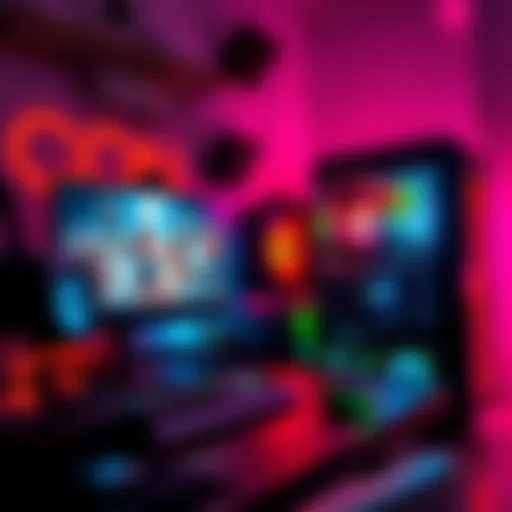 A detailed view of a high-performance PC gaming setup with colorful LED lighting and a gaming monitor displaying a vibrant game scene.