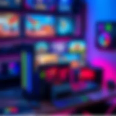 PC gaming setup with indie games A vibrant PC gaming setup displaying various indie games on the screen, showcasing colorful graphics and gaming accessories.