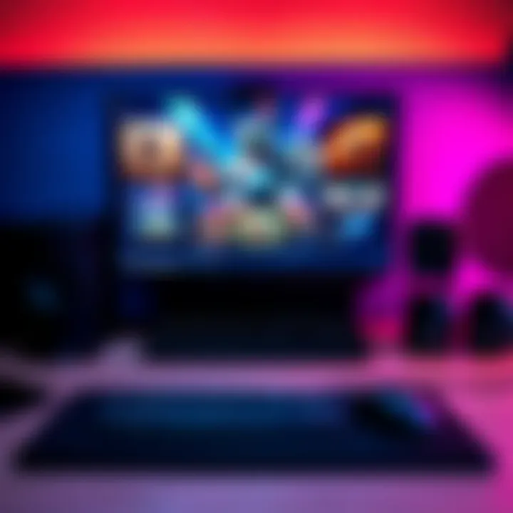 A vibrant PC gaming setup with a monitor, keyboard, and mouse, showcasing various game genres on screen.