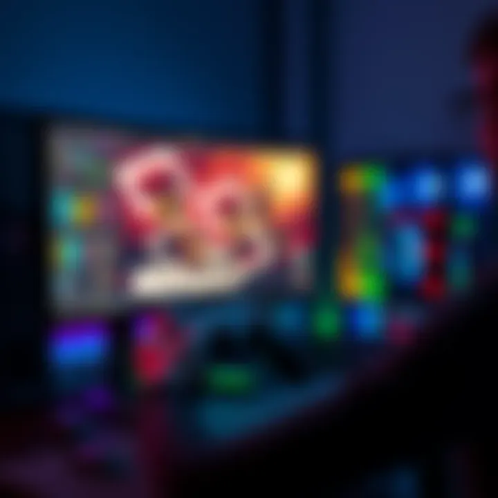 A gamer playing on a high-performance PC with multiple monitors and a gaming controller in hand.