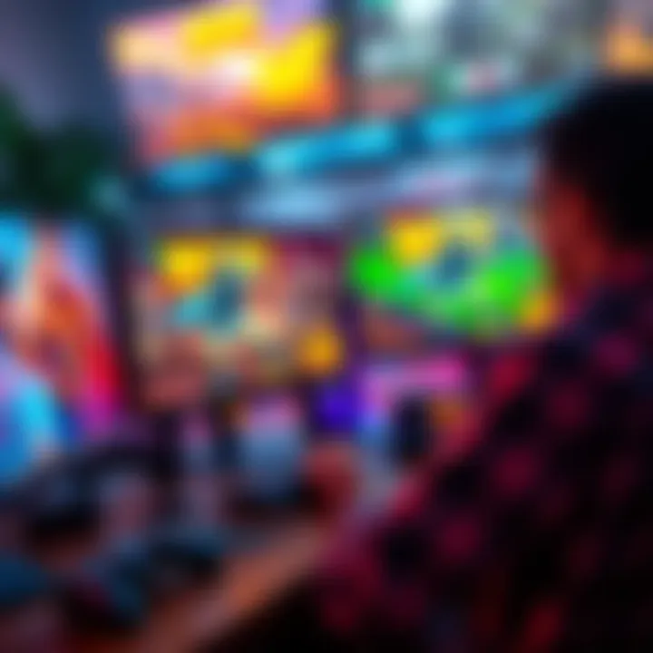 A gamer playing on a powerful PC setup, showcasing multiple monitors with vibrant game graphics, while console controllers are visible in the background.