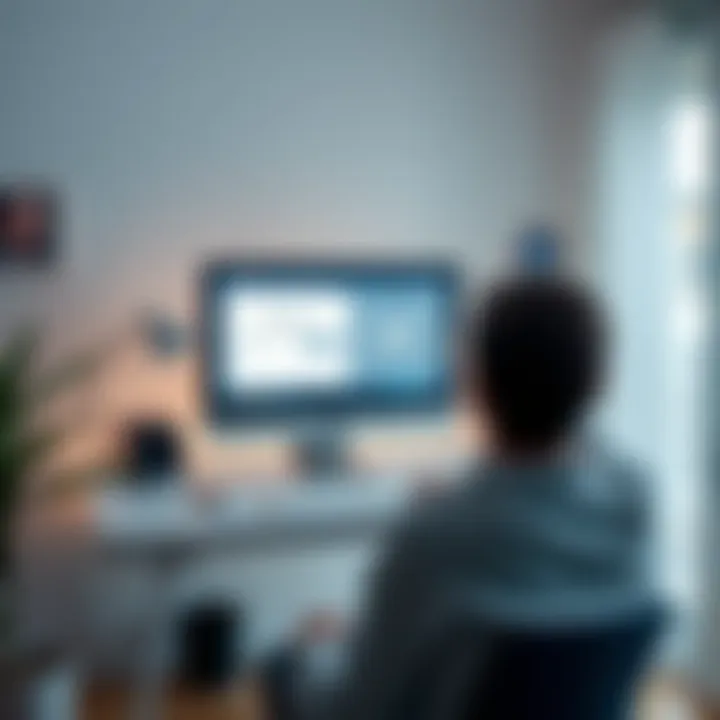 A person sitting at a desk looking at a computer screen showing shutdown and sleep options. The room is bright and cozy, indicating a casual work environment.