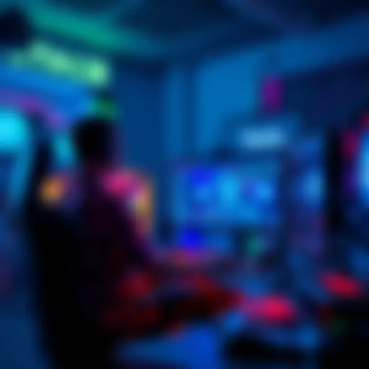 PC Prodigy Gaming Setup A gamer using a high-tech PC Prodigy setup with colorful lights and multiple monitors, engaged in an online game.