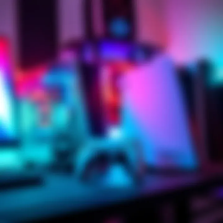 A side-by-side view of a gaming PC and a PS5 on a desk, showcasing gaming equipment and a controller.