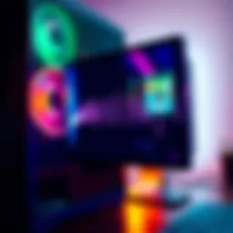 A close-up of a PC tower and monitor showing sound waves emanating while the monitor is being adjusted