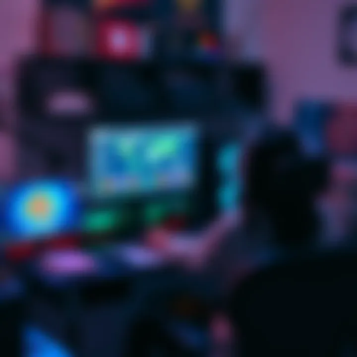 A person using a computer with Blender software, gaming accessories, and study materials around them