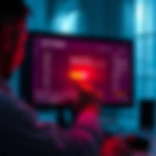 A person shutting down a desktop computer, with a soft glow from the monitor