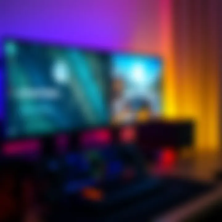 A gaming PC connected to a deck, showcasing the streaming interface with a monitor displaying gameplay, while a virtual display option is highlighted.