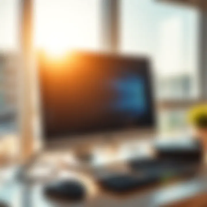 PC in sunlight A desktop computer set up on a table in bright sunlight, with sunlight streaming onto the screen and components, showcasing possible sun damage