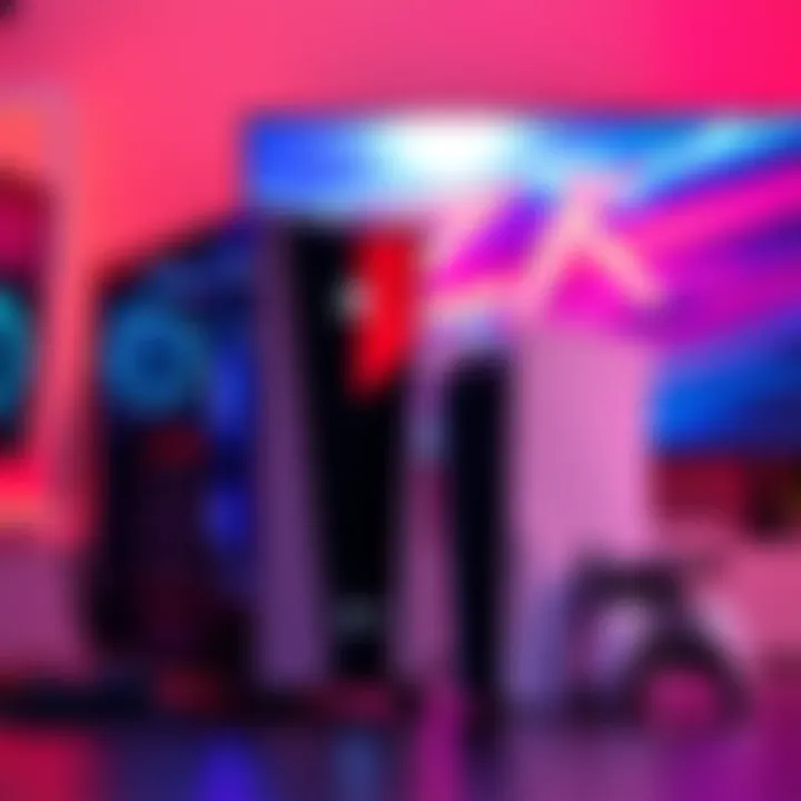 PC gaming setup comparison with console A side-by-side view of a gaming PC and a PlayStation 5, showing their different designs and setups.