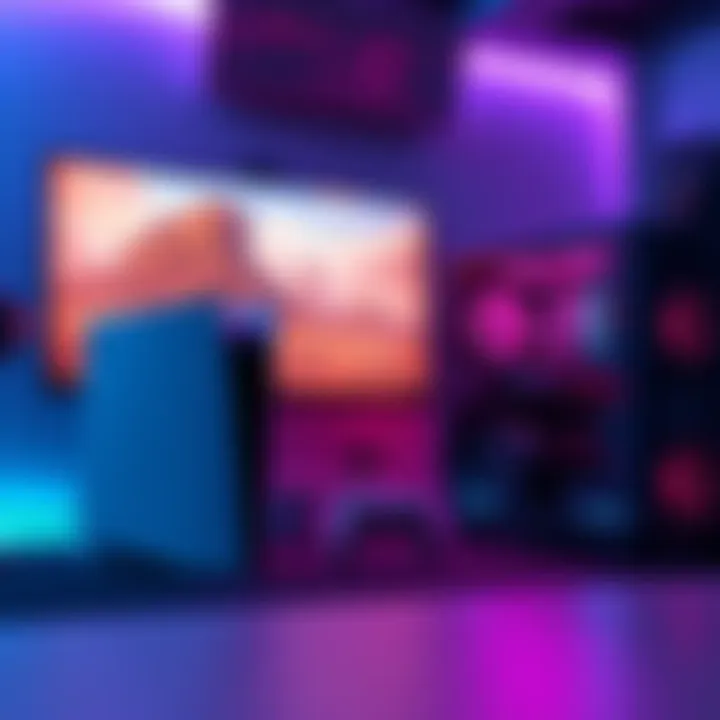A sleek gaming setup showcasing both PS5 and a powerful gaming PC with vibrant graphics on screen.