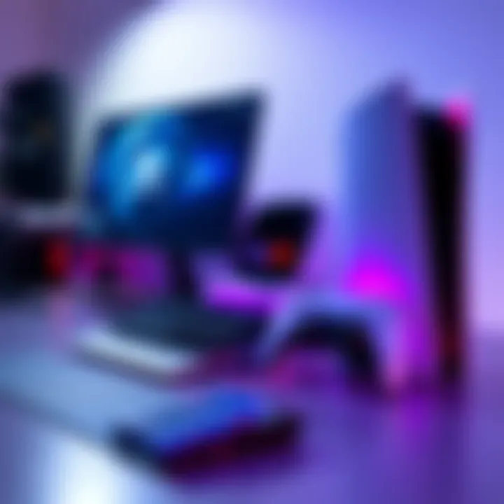 A side-by-side view of a PC gaming setup with a keyboard and mouse next to a PS5 console with a controller, highlighting the performance comparison.