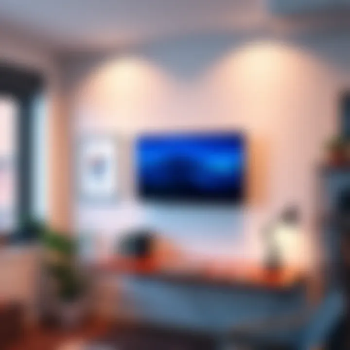A sleek PC mounted on the wall, showing a clean and organized home office space with stylish decor