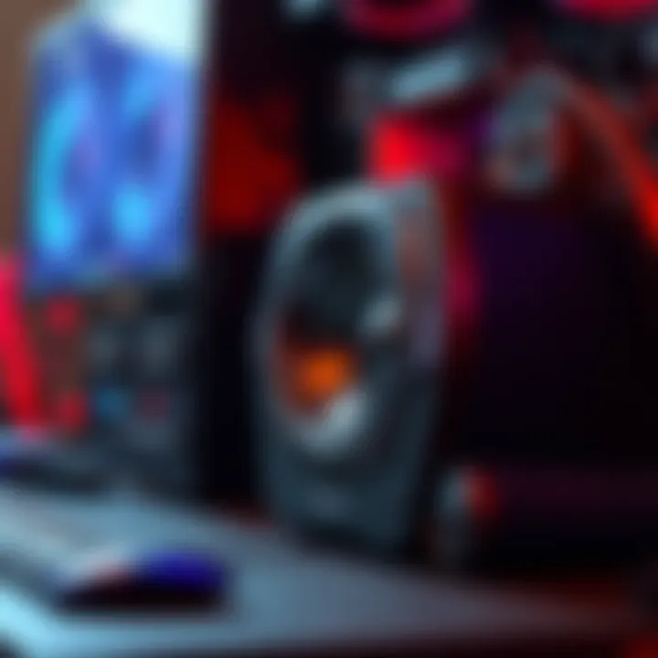 A close-up of a desktop PC setup featuring a subwoofer, showcasing enhanced audio components.