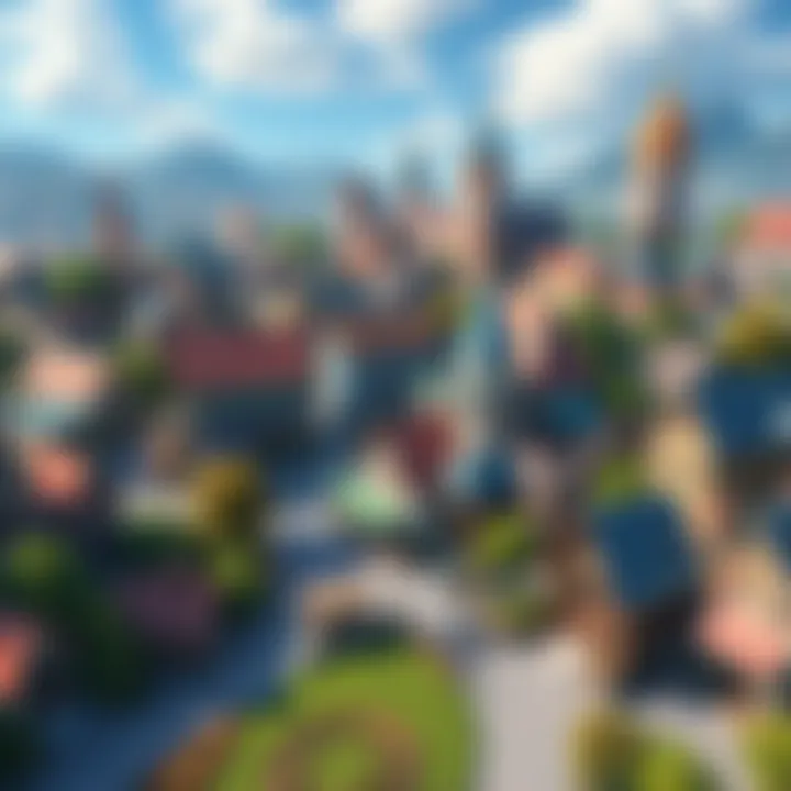 A vibrant city landscape showing colorful buildings, gardens, and villagers engaged in peaceful activities, inspired by classic city-building games.