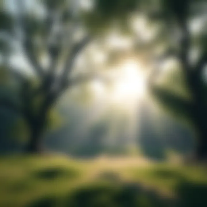 Peaceful Gaming Moment A serene scene from a single-player game showing a calm nature setting with gentle sunlight filtering through trees, creating a tranquil atmosphere.