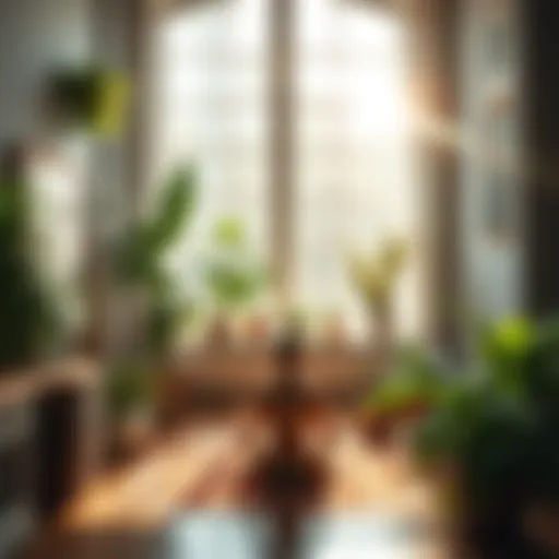 A serene scene of a cozy room filled with sunlight, plants, and a person meditating in a relaxed posture, creating a calming atmosphere.
