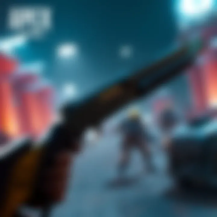 Peacekeeper Shotgun in Apex Legends A close-up view of the Peacekeeper shotgun in a game setting, highlighting its slow-choked design and detailing its features. The shotgun is positioned in a battlefield environment, emphasizing its role in the game.