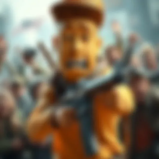 Peanut Fanboy in Action A peanut fanboy holding a weapon, surprised crowd in the background, expressing shock and confusion