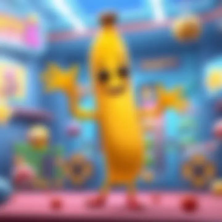 A bright yellow cartoon banana character with arms and legs, looking cheerful and ready for action, surrounded by colorful game elements.